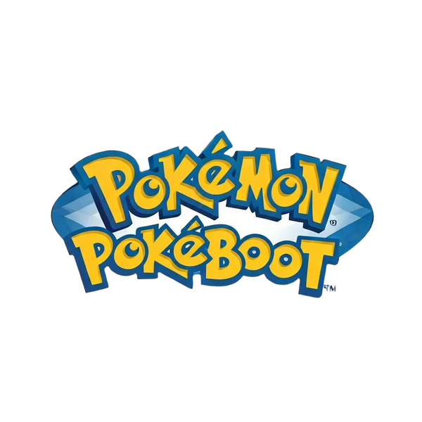 Pokémon PokéBoot logoLogo featuring the words 'Pokémon' stacked above 'PokéBoot' in a stylized font reminiscent of the Pokémon logo, set within a blue diamond shape.A playful twist on the classic Pokémon logo, this image shows 'Pokémon PokéBoot' in bold yellow lettering within a blue diamond.